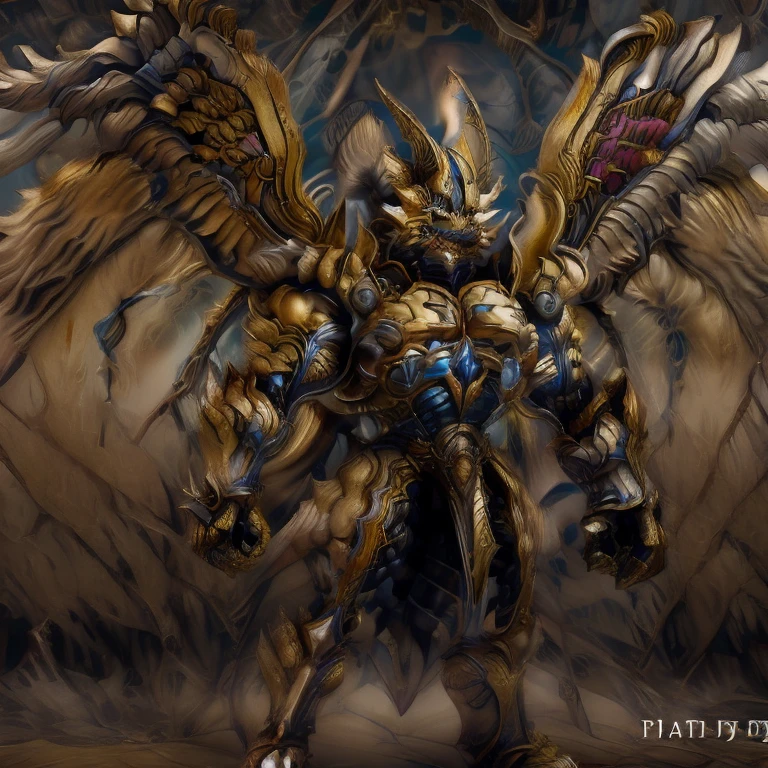 (Pokémon) (Zeraora), (masterpiece, best quality, detailed:1.2), (nj5furry), (medieval armor:1.3) sparkling skin, Vibrant colors, 4K, GOLD armor, Its full plate armor emphasizes the muscles. big muscle (pecs, triceps, traps) unusually developed muscular body, body full of huge muscles. showing off muscles, pectorales enormes. Exaggeratedly huge muscles. Gigachad Muscular, Very muscular, Large pecs, Spread wings, It has wings. have big wings. has 10 large wings. It has large golden wings. The feathers on its wings are detailed and realistic. FULL BODY, giant, huge body, long legs, gigantic, sitting on the throne,