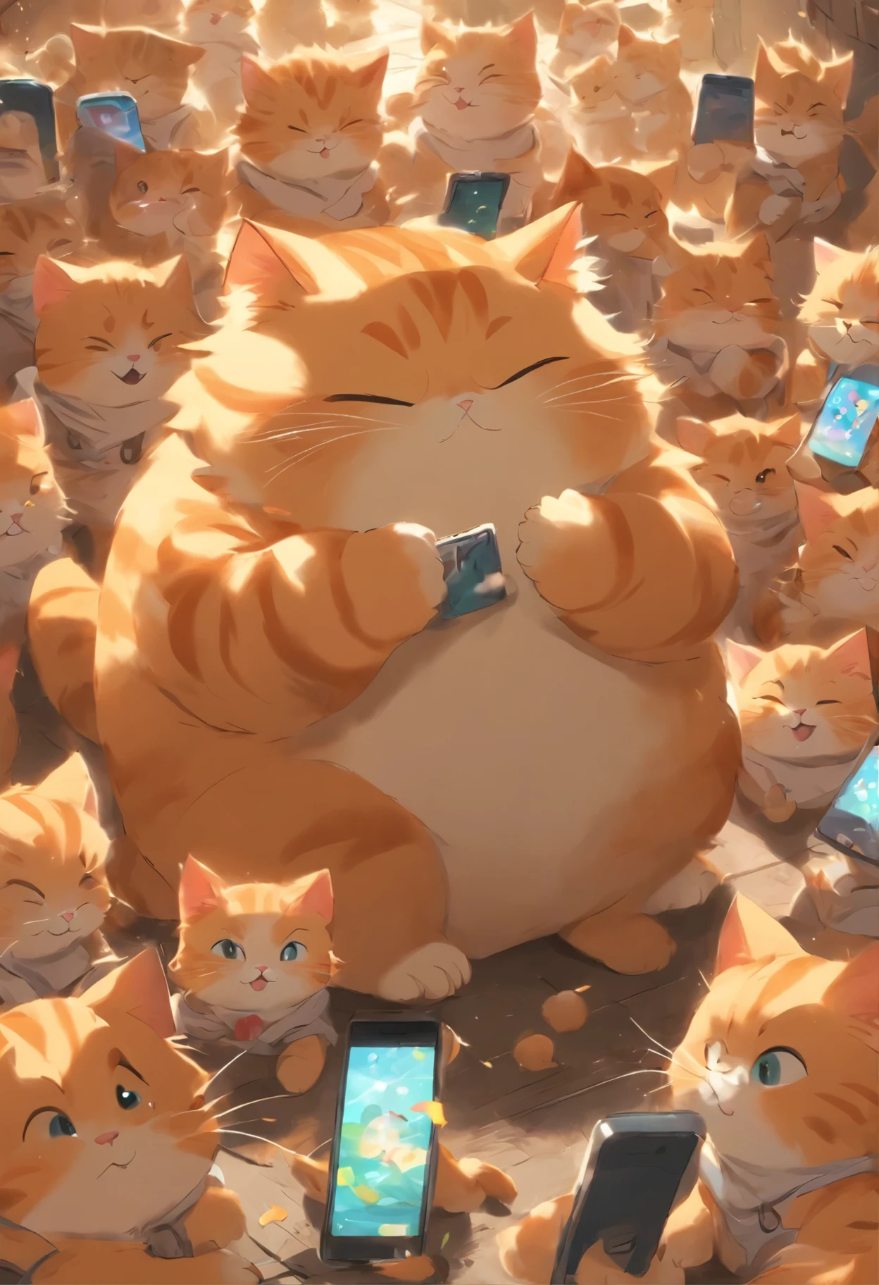 Fat Ginger Mama Cat watches Fat Ginger Kitten playing with the smartphone again, shaking her head and sighing, thinking to herself, "This mischievous little kitten, she's just impossible to discipline."