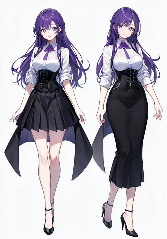 Purple Hair,voluminous long hair,Adult female,((Roll up your sleeves)),(corset),(Tight Skirt),(High heels),Heels are visible,((Simple Background)),smile,((whole body)),((whole body)),Character Sheet,