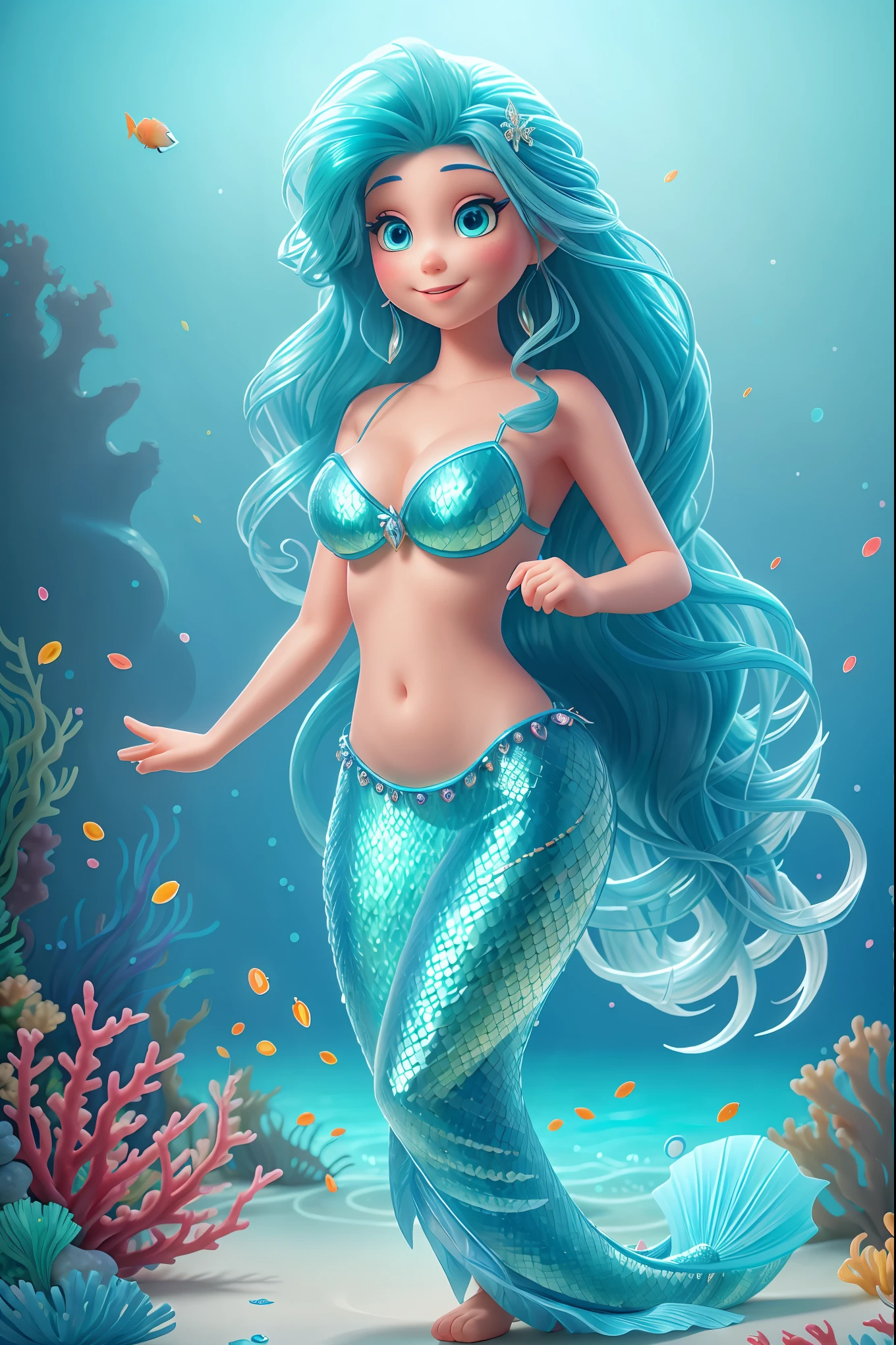 a mesmerizing mermaid with long blue hair, surrounded by the ocean, waves, coral reefs, creating a dreamy and aesthetic scene, detailed lighting effects, artistic feel, high quality artwork, ultra detailed, realistic, underwater fantasy, beautiful mermaid tail, ethereal atmosphere, vibrant colors, fantasy portrait, studio lighting.