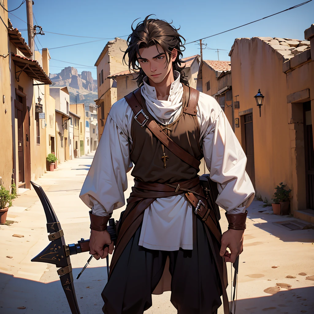 25 year old boy dressed like in the middle ages with a sicarri in the eye with a crossbow and 7 siculo of magic in a desert town