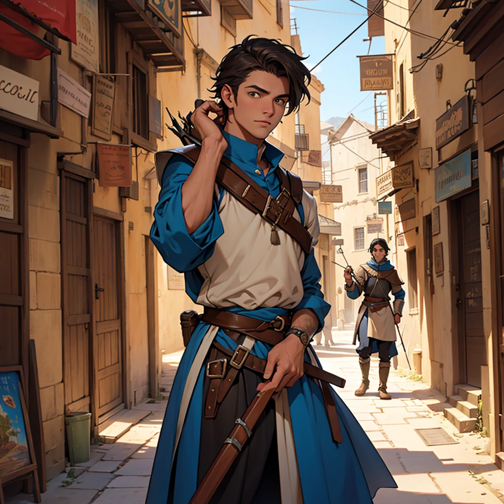 25 year old boy dressed like in the middle ages with a sicarri in the eye with a crossbow and 7 siculo of magic in a desert town