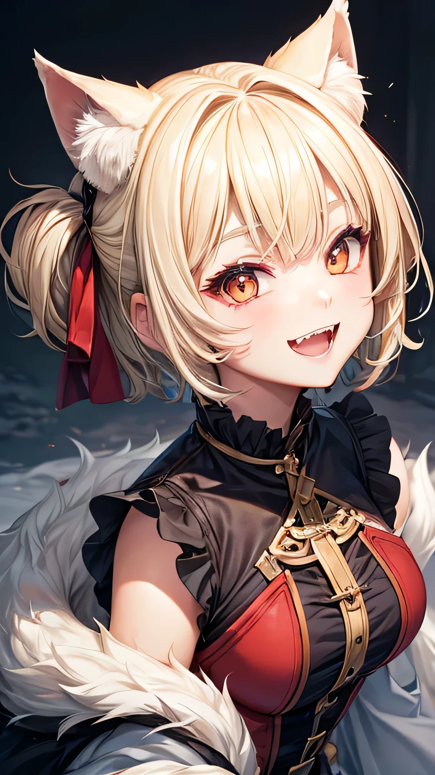 ((I can see the fangs、cute smile))、wolf blonde short hair、girl