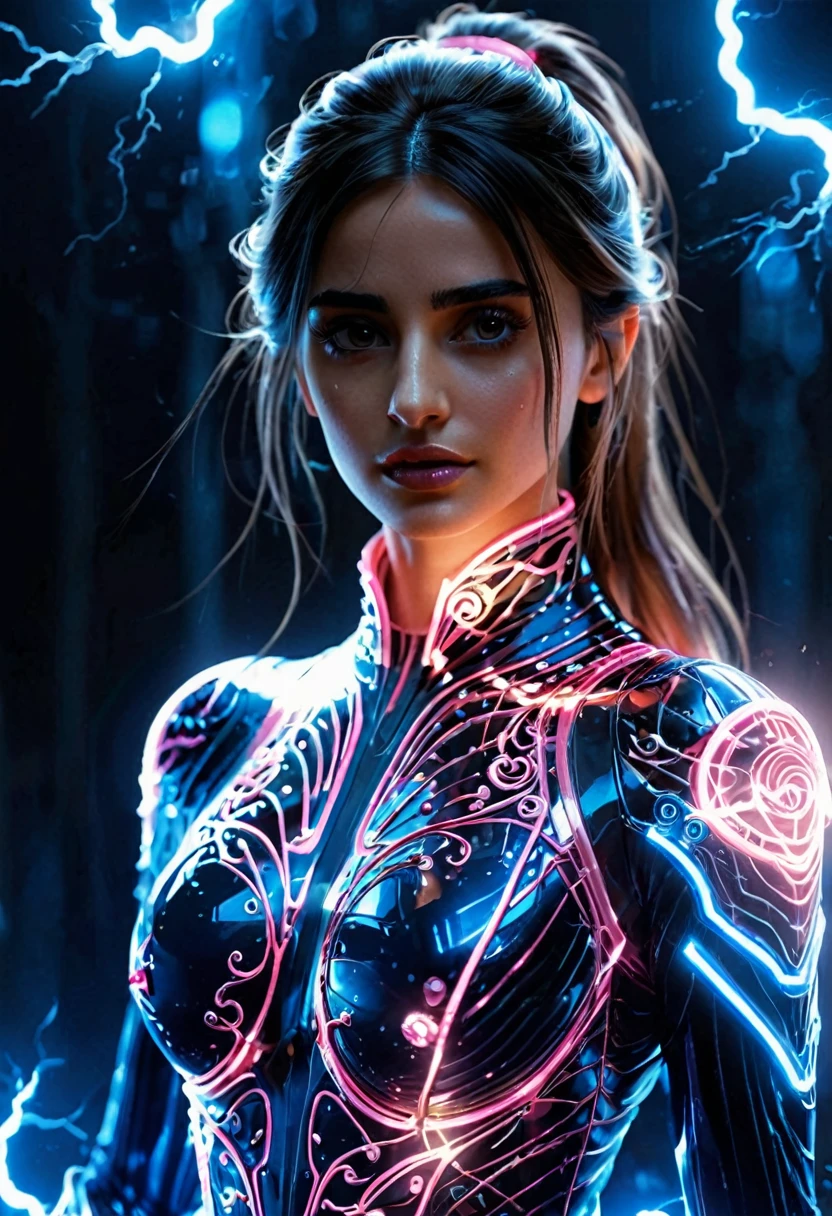 ((Futuristic background)),((Waist shot)), craft a hyper realistic vertical photo of most attractive transparent tron jumpsuit crystal glass girl with neon light (Penelope Cruz),(Emma Watson), beautiful eyes, ponytail long hair, neon pink armor, intricate pink armor, delicate pink filigree, intricate filigree, red metalic parts, body made out of glass, intricate beauty, bioluminescence, blue veins, detailed eyes, sparkling, reflections, (translucent), elegant, simple background, dim light, volumetric lighting, hyper realistic, blurry foreground, blurry background, (bloodborne:1.1), A magic sword knight,composed of elements of thunder,thunder,electricity,His form is barely tangible,with a soft glow emanating from his gentle contours,The surroundings subtly distort through her ethereal presence,casting a dreamlike ambiance,white lightning,Surrounded by thunder and lightning elemental magic,