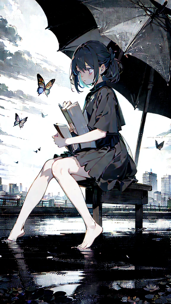 1 anime girl, alone,,Black petals flutter, A mysteriously shining butterfly.city,thin legs,Gloomy cloudy sky,sad expression,very clear,highest quality,city,standing on the street corner,Are crying,tears,close up of face,Sit in the water,barefoot,holding a book in hand,Sit down