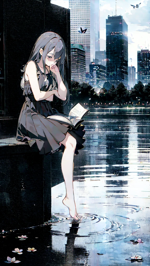 1 anime girl, alone,,Black petals flutter, A mysteriously shining butterfly.city,thin legs,Gloomy cloudy sky,sad expression,very clear,highest quality,city,standing on the street corner,Are crying,tears,close up of face,Sit in the water,barefoot,holding a book in hand,Sit down