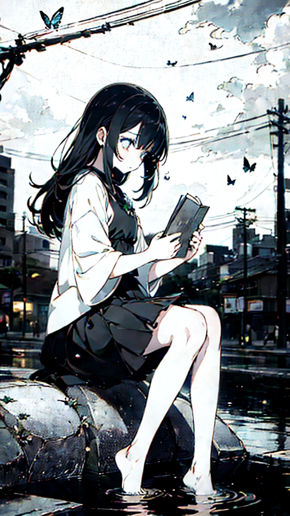 1 anime girl, alone,,Black petals flutter, A mysteriously shining butterfly.city,thin legs,Gloomy cloudy sky,sad expression,very clear,highest quality,city,standing on the street corner,Are crying,tears,close up of face,Sit in the water,barefoot,holding a book in hand,Sit down