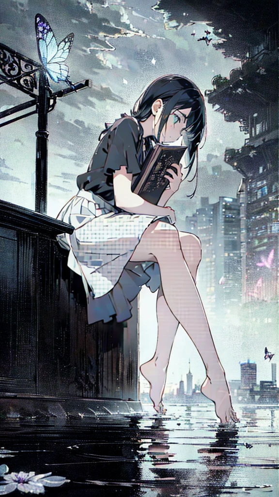 1 anime girl, alone,,Black petals flutter, A mysteriously shining butterfly.city,thin legs,Gloomy cloudy sky,sad expression,very clear,highest quality,city,standing on the street corner,Are crying,tears,close up of face,Sit in the water,barefoot,holding a book in hand,Sit down