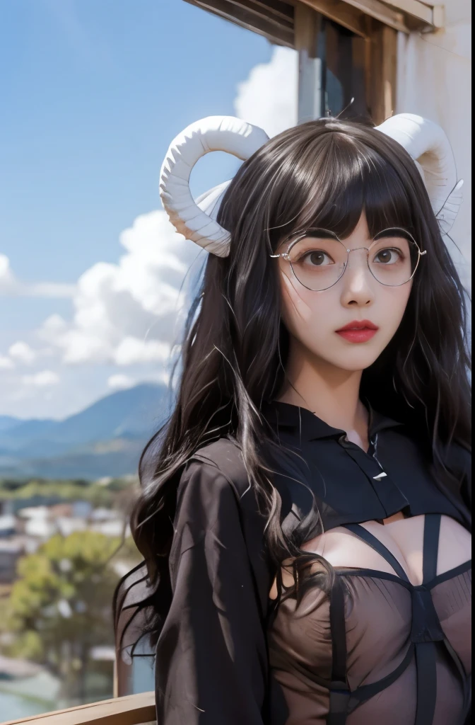 GADHADA,1 Girl,Shaman black silk,(background: garden),looking at the audience,photoPractical,Practical,Solitary,outdoor:2,Flowers,Blue sky and white clouds,Mountains,audience,