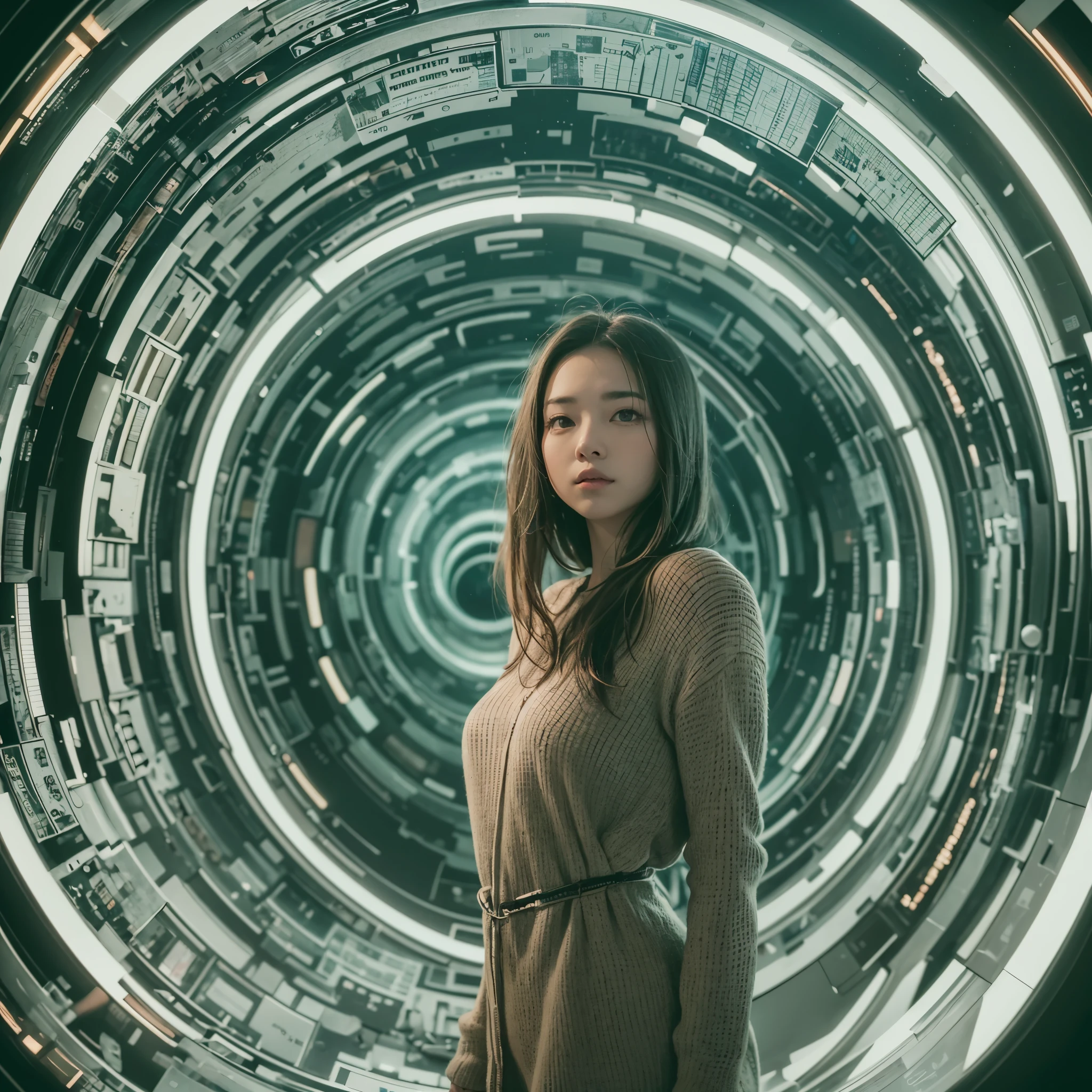 Best quality，masterpiece，16k,Artistic，In the curved space-time channel，In the space-time wormhole，Polar coordinates，Science Fiction，Complex structure，1girl，Dynamic poses，Looking at the camera，