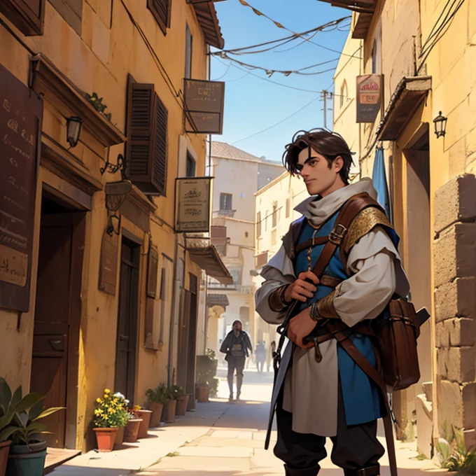 25 year old boy dressed like in the middle ages with a sicarri in the eye with a crossbow and 7 siculo of magic in a desert town