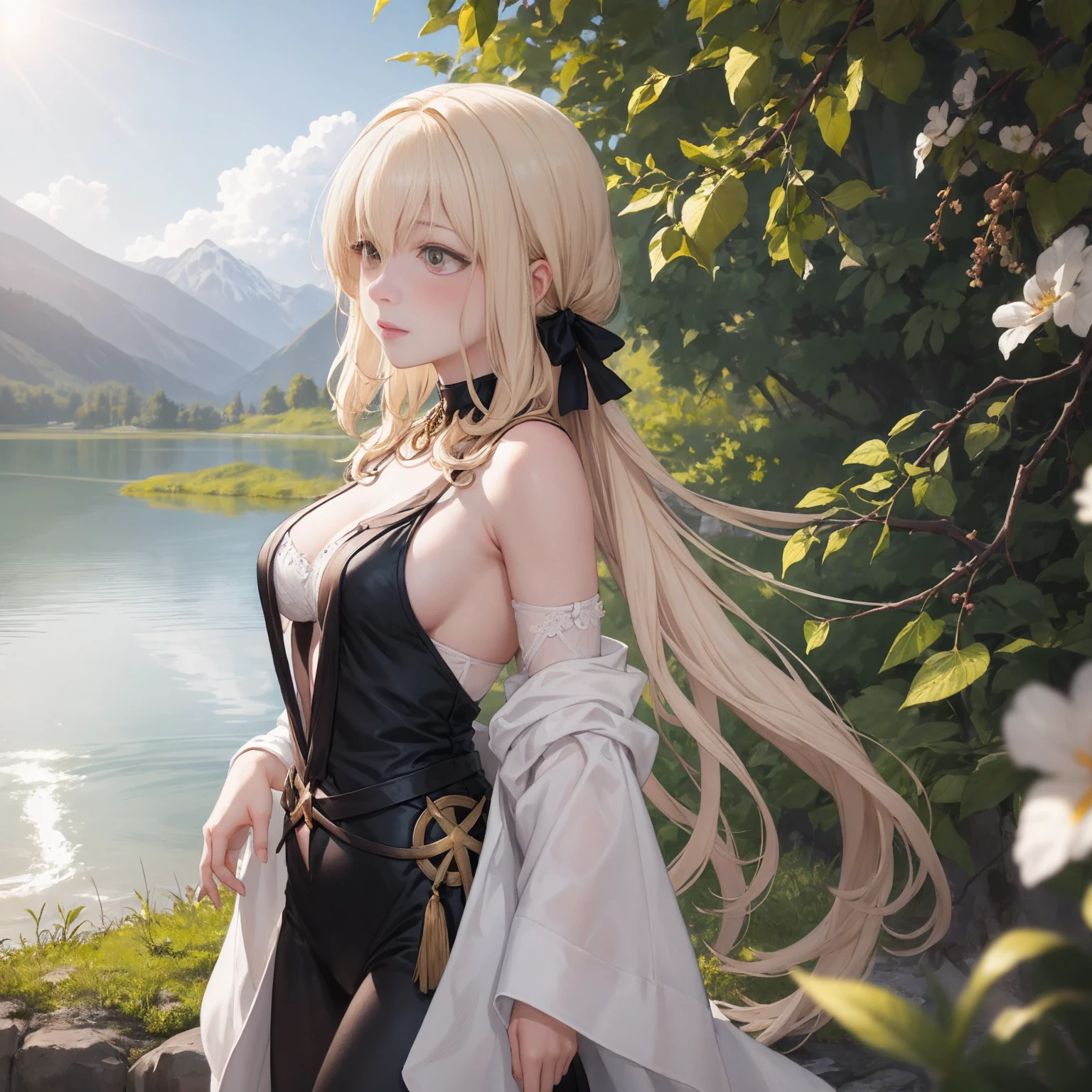 Lysithea von Ordelia is depicted in this artwork as a serene and captivating figure. She is portrayed as a young girl with long, straight hair and mesmerizing eyes. Her hair is styled in low twintails, giving her a unique appearance. The artwork is presented in a monochrome greyscale, with the exception of a few elements. Lysithea is shown in an upper body shot, wearing a flowing dress that adds to her poised posture. Her porcelain skin is accentuated by a subtle blush, giving her a delicate and ethereal look. She is adorned with a crystal pendant, which adds a touch of elegance to her overall appearance. The artwork takes place during the golden hour, as indicated by the warm tones, sun flare, and soft shadows. This lighting technique enhances the vibrant colors, creating a painterly effect that adds to the dreamy atmosphere of the piece. The scene is set against a scenic lake, with distant mountains and a willow tree. The calm water reflects the sunlit clouds, contributing to the peaceful ambiance and idyllic sunset. The level of detail in this official art is remarkable, with every element meticulously rendered. The artwork is presented in unity 8k wallpaper resolution, allowing viewers to appreciate the intricate details. Additionally, the zentangle and mandala elements add a touch of complexity to the overall composition.
