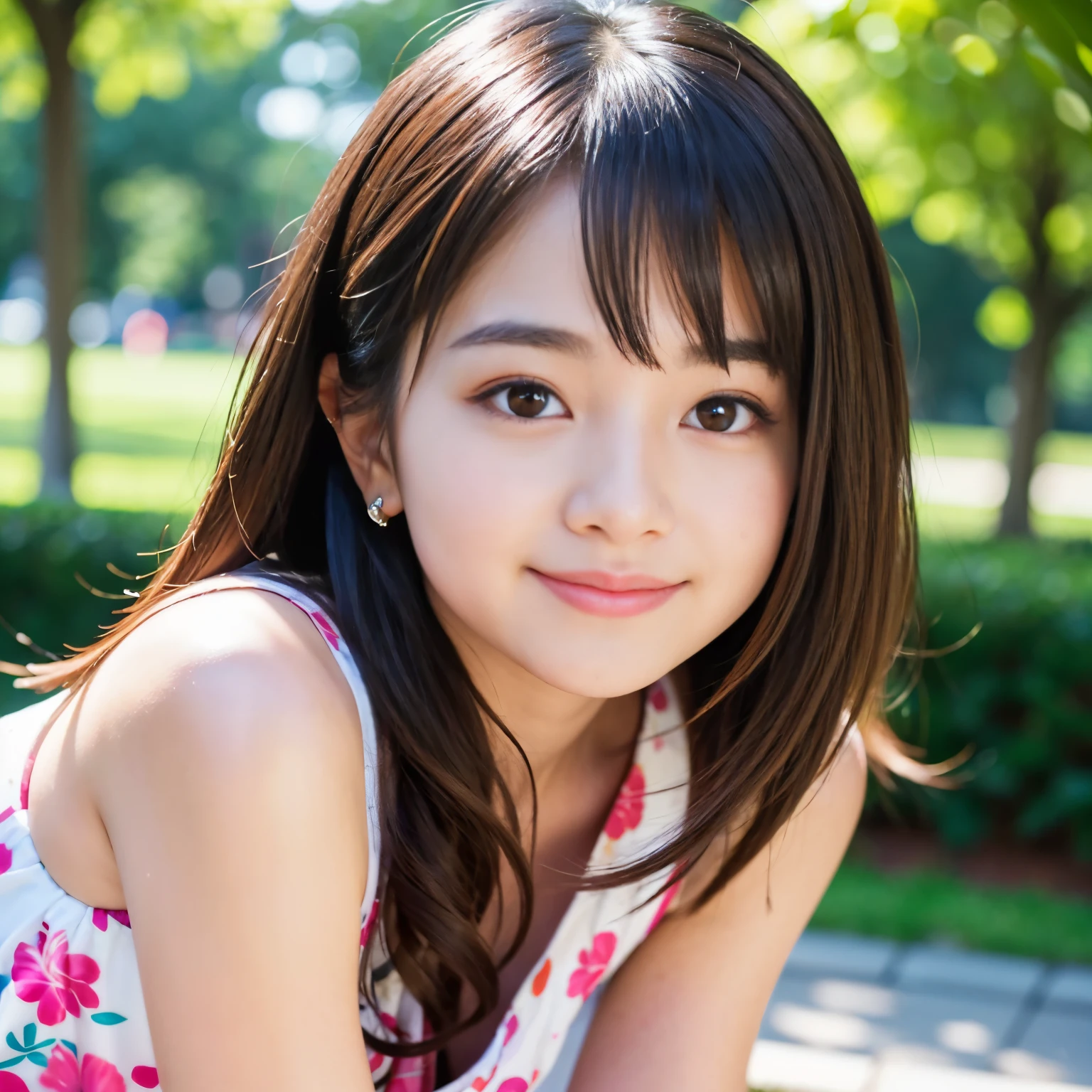 (Best-quality, Masterpiece, Ultra-High-Resolution, (Photorealistic:1.4), Raw Photo, depth of field, professional lighting, perfect anatomy, extremely details), 1girl, -yeld, thost famous Japanese idol, portrait, at amazingly beautiful park, ((wearing the latest fashion)), (extremely cute face like the most popular Japanese idol, ((extremely cute and extremely big eyes)), extremely cute hair, extremely beautiful skins), extremely cute cheeks, extremely cute long-eyelashes, extremely cute lips, looking at viewer, innocent smile, detailed amazingly-beautiful-park
