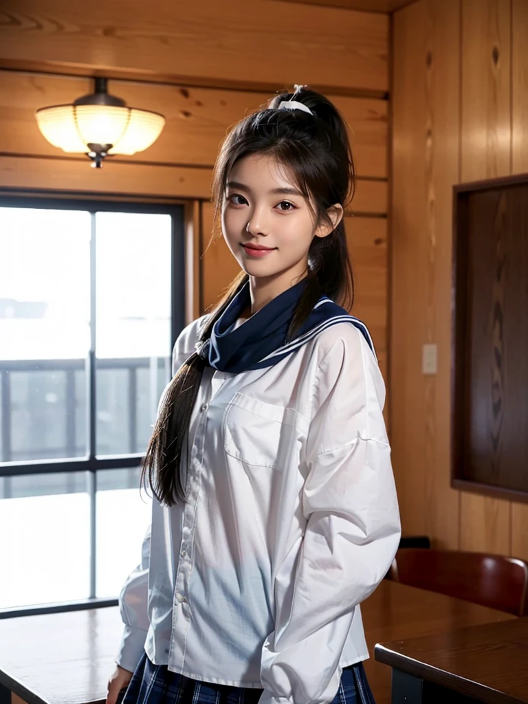 fully body photo, masterpiece, The highest image quality, High quality, the background is blurry，Beautiful woman, 18-year-old, Japanese, Detailed, Detailed eyes, Detailed skin, Beautiful skin, 超hight resolution, (reality: 1.4),Very beautiful woman, Slightly younger face, Beautiful skin, slender, (Ultra photo realsisim), (hight resolution), (8K), (Very detailed) (beautifully detailed eyes), (super detailed),   (Detailed face), view the viewer, Fine details, Detailed face, Smiling, Staring straight ahead, Staring straight ahead, photos realistic, Bright lighting, Professional Lighting, Black hair, , ponytail,a baby face,eighteen years old,Hairstyle: ponytail,wear a white ribbon,Long ponytail hairstyle,An amusement park,natta,Enjoying dating,Angle from waist up,standing and posing, Serafuku,,Classroom,high School,long sleeve white shirt, translucent shirt,Sailor suit,Navy blue plaid skirt, red sailor knot scarf 