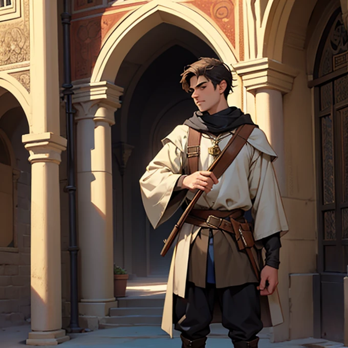 25 year old boy dressed like in the middle ages with a sicarri in the eye with a crossbow and 7 siculo of magic in a desert town
