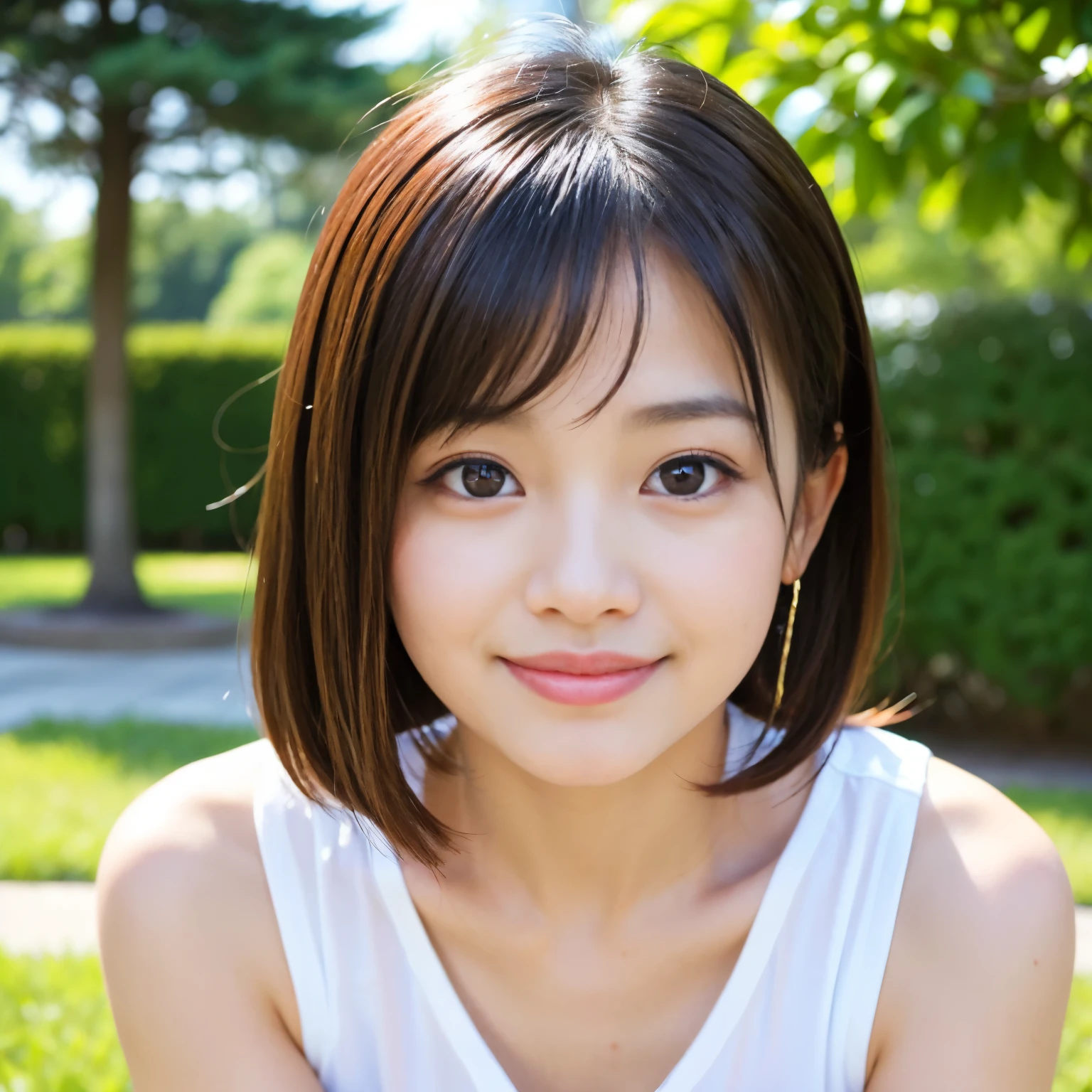 (Best-quality, Masterpiece, Ultra-High-Resolution, (Photorealistic:1.4), Raw Photo, depth of field, professional lighting, perfect anatomy, extremely details), 1girl, 15-years-old, the most famous Japanese idol, portrait, at amazingly beautiful park, ((wearing the latest fashion)), (extremely cute face like the most popular Japanese idol, ((extremely cute and extremely big eyes)), extremely cute hair, extremely beautiful skins), extremely cute cheeks, extremely cute long-eyelashes, extremely cute lips, looking at viewer, innocent smile, detailed amazingly-beautiful-park