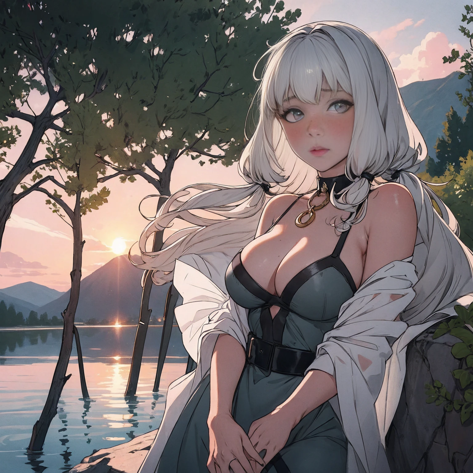 Lysithea von Ordelia is depicted in this artwork as a serene and captivating figure. She is portrayed as a young girl with long, straight hair and mesmerizing eyes. Her hair is styled in low twintails, giving her a unique appearance. The artwork is presented in a monochrome greyscale, with the exception of a few elements. Lysithea is shown in an upper body shot, wearing a flowing dress that adds to her poised posture. Her porcelain skin is accentuated by a subtle blush, giving her a delicate and ethereal look. She is adorned with a crystal pendant, which adds a touch of elegance to her overall appearance. The artwork takes place during the golden hour, as indicated by the warm tones, sun flare, and soft shadows. This lighting technique enhances the vibrant colors, creating a painterly effect that adds to the dreamy atmosphere of the piece. The scene is set against a scenic lake, with distant mountains and a willow tree. The calm water reflects the sunlit clouds, contributing to the peaceful ambiance and idyllic sunset. The level of detail in this official art is remarkable, with every element meticulously rendered. The artwork is presented in unity 8k wallpaper resolution, allowing viewers to appreciate the intricate details. Additionally, the zentangle and mandala elements add a touch of complexity to the overall composition.