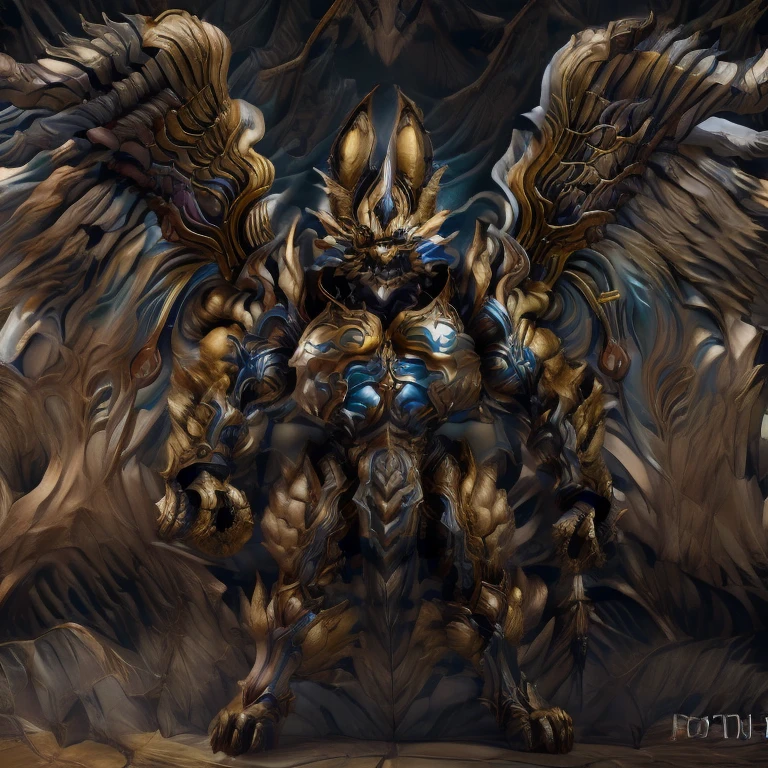 (Pokémon) (Zeraora), (masterpiece, best quality, detailed:1.2), (nj5furry), (medieval armor:1.3) sparkling skin, Vibrant colors, 4K, GOLD armor, Its full plate armor emphasizes the muscles. big muscle (pecs, triceps, traps) unusually developed muscular body, body full of huge muscles. showing off muscles, pectorales enormes. Exaggeratedly huge muscles. Gigachad Muscular, Very muscular, Large pecs, Spread wings, It has wings. have big wings. has 10 large wings. It has large golden wings. The feathers on its wings are detailed and realistic. FULL BODY, giant, huge body, long legs, gigantic, sitting on the throne,