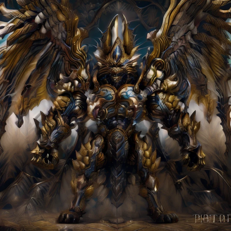 (Pokémon) (Zeraora), (masterpiece, best quality, detailed:1.2), (nj5furry), (medieval armor:1.3) sparkling skin, Vibrant colors, 4K, GOLD armor, Its full plate armor emphasizes the muscles. big muscle (pecs, triceps, traps) unusually developed muscular body, body full of huge muscles. showing off muscles, pectorales enormes. Exaggeratedly huge muscles. Gigachad Muscular, Very muscular, Large pecs, Spread wings, It has wings. have big wings. has 10 large wings. It has large golden wings. The feathers on its wings are detailed and realistic. FULL BODY, giant, huge body, long legs, gigantic, sitting on the throne,
