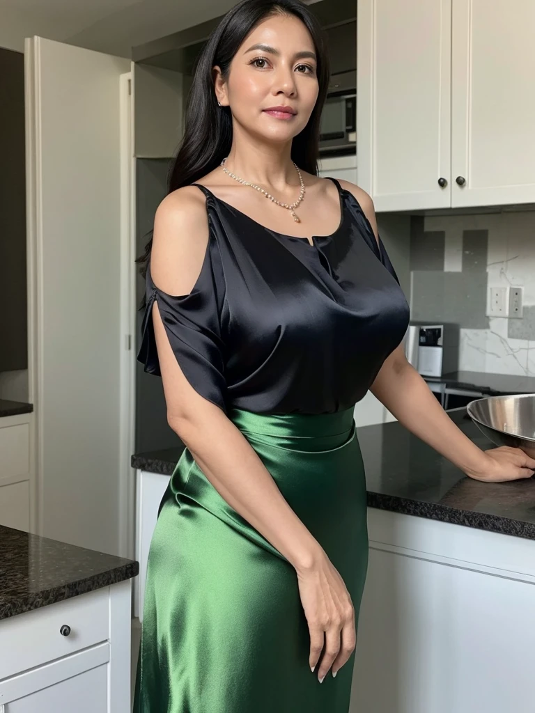 50 Years old, full body Indonesian mature woman, wearing satin silk black Hijab, perfect , natural big breast : 96.9, gorgeous eyes, Soft smile, wear a light green satin blouse, satin silk shirt, necklace, Breast about to burst Out, in kitchen Excellent Soft light,