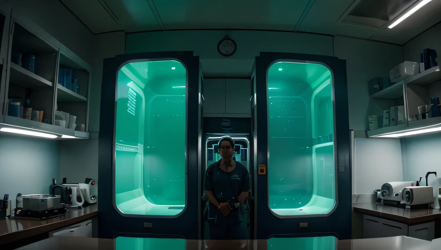 has una foto que se vea solo el espacio de un laboratorio por dentro, que se vea los estantes y la mesas con los elementos de un laboratorio y que no haya ninguna persona dentro del laboratoro, estilo ciencia ficcion con una iluminacion estilo cine en tonalidades verde