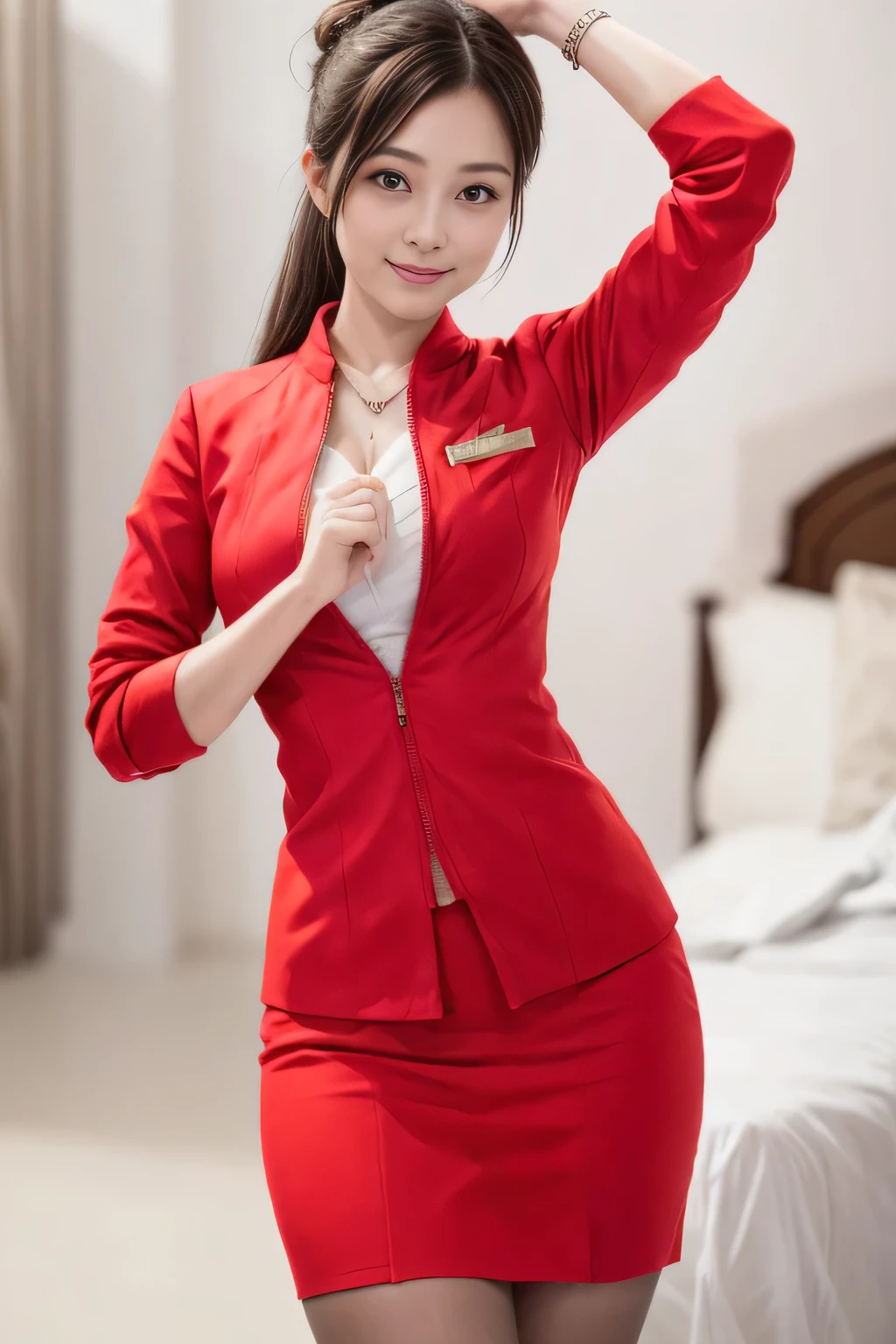 (masterpiece:1.2, highest quality:1.2), 32K HDR, High resolution, (alone、1 girl)、（On board、Professional Lighting）、Background on board、（Realistic style with AirAsia flight attendant uniforms）、（AirAsia uniform unzipped red jacket、AirAsia uniform long sleeve red jacket、AirAsia uniform red mini tight skirt、AirAsia uniform white shirt unbuttoned）、Big Breasts、（AirAsia uniform shirt showing big breasts）、Dark brown hair、（Long Hair Up、Hair Bun）、Dark brown hair、Long Shot、（（Fine hand：2.0）），（（Harmonious body proportions：1.5）），（（Normal limbs：2.0）），（（Normal finger：2.0）），（（Delicate eyes：2.0）），（（Normal eyes：2.0））)、Luxury Necklace、Beautiful standing posture,Place your hands around your stomach