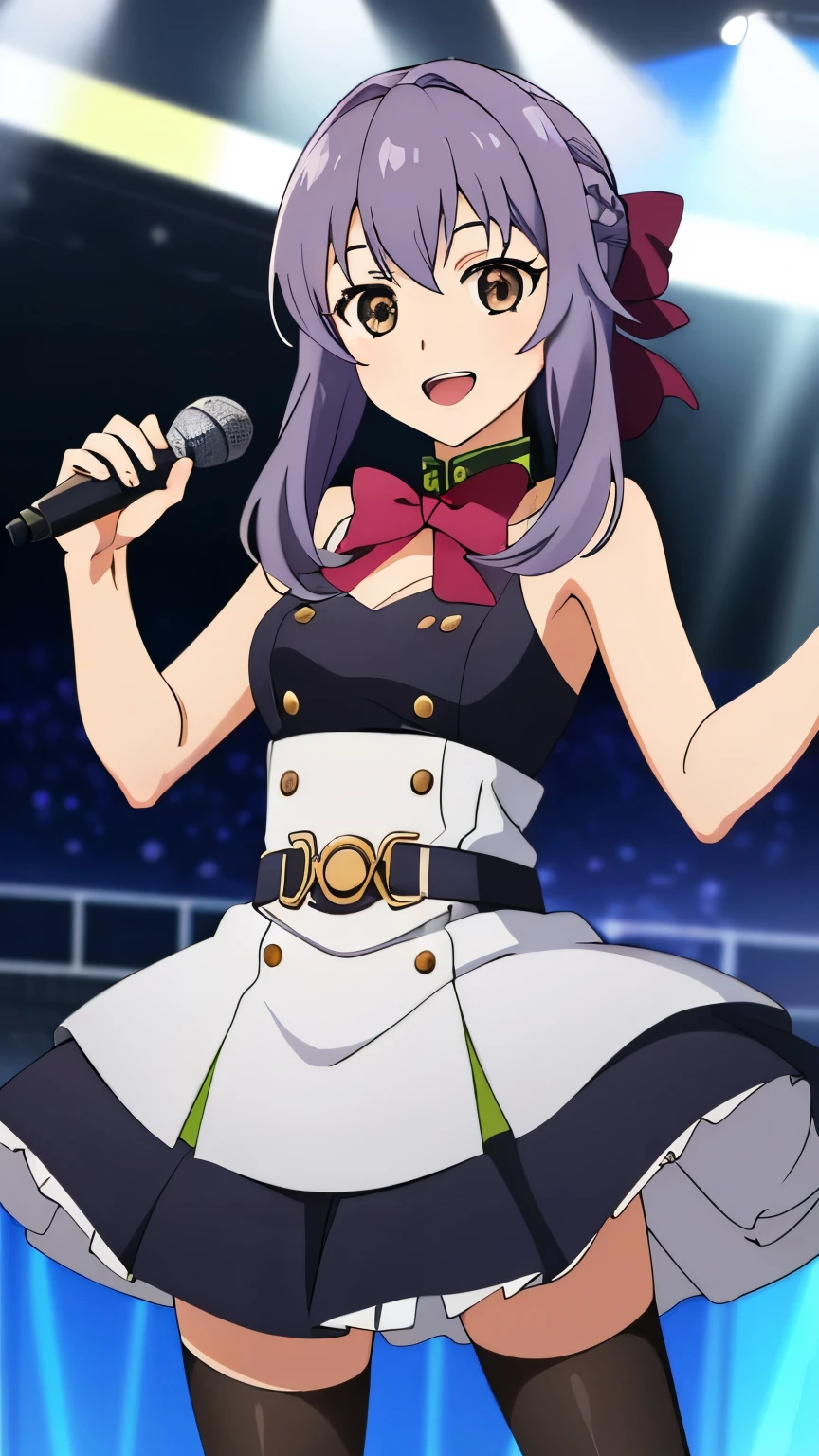 (masterpiece, best quality, high resolution, 8k),anime art style, Shinoa, 1 girl, dark brown eyes, medium breasts, smile, hair ribbon, (idol clothes, idol dress, idol stage, microphone, smile, sing, open mouth), alone, standing,dynamic Angle cowboy shot,