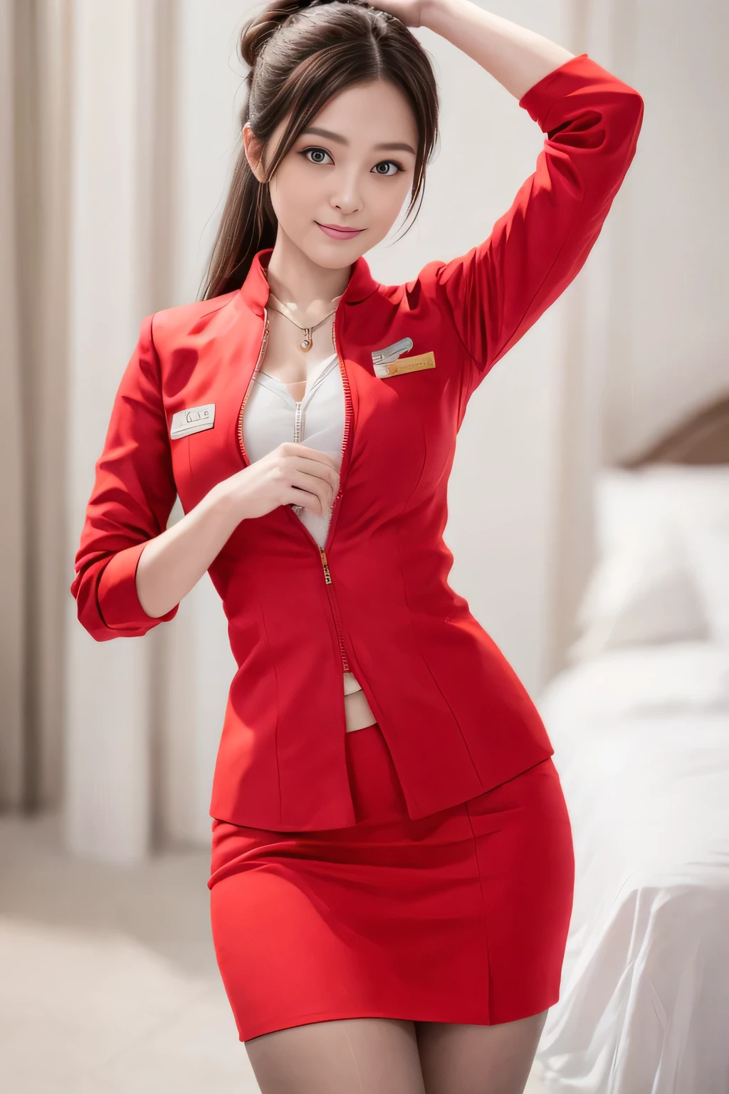 (masterpiece:1.2, highest quality:1.2), 32K HDR, High resolution, (alone、1 girl)、(On board、Professional Lighting)、Background on board、(Realistic style with AirAsia flight attendant uniforms)、(AirAsia uniform unzipped red jacket、AirAsia uniform long sleeve red jacket、AirAsia uniform red mini tight skirt、AirAsia uniform white shirt unbuttoned)、Big Breasts、(AirAsia uniform shirt showing big breasts)、Dark brown hair、(Long Hair Up、Hair Bun)、Dark brown hair、Long Shot、((Fine hand:2.0)),((Harmonious body proportions:1.5)),((Normal limbs:2.0)),((Normal finger:2.0)),((Delicate eyes:2.0)),((Normal eyes:2.0)))、Luxury Necklace、Beautiful standing posture,Place your hands around your stomach