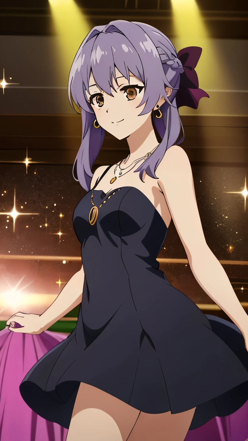 (masterpiece, best quality, high resolution, 8k),anime art style, Shinoa, 1 girl, dark brown eyes, medium breasts, smile, hair ribbon, (Dress, glitter dress, earrings, necklace, Party Hall), alone, standing,dynamic Angle cowboy shot,