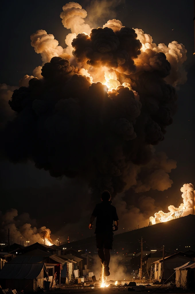 An anime image shows a refugee camp in Palestine engulfed in intense flames, with roaring fire and thick black smoke rising. Refugees are seen running in panic, their faces reflecting deep fear and sorrow. The dramatic colors and powerful visual effects effectively capture this tragic situation with profound emotion and concern.