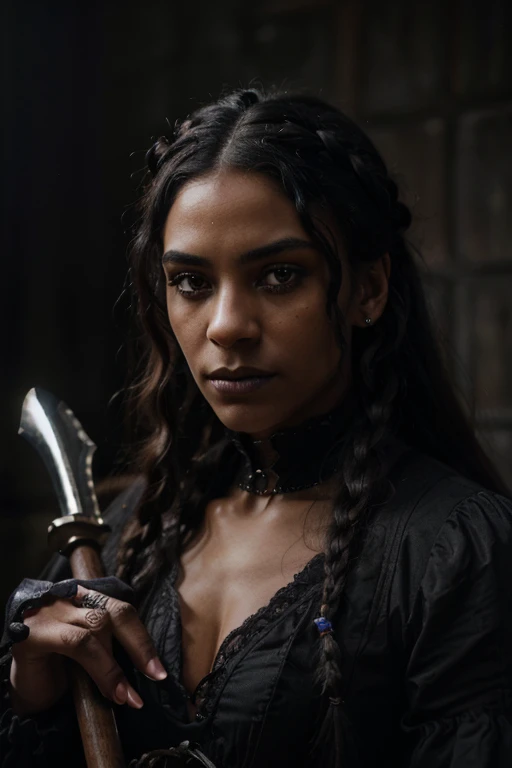 a gothic black man, victorian era gothic villain, highly detailed face, beautiful detailed eyes, beautiful detailed lips, extremely detailed eyes and face, long eyelashes, dreadlock hairstyle, wearing black clothes with purple details, victorian style clothes, holding an axe, ready to fight, dark moody atmosphere, dramatic lighting, chiaroscuro lighting, cinematic composition, (best quality,4k,8k,highres,masterpiece:1.2),ultra-detailed,(realistic,photorealistic,photo-realistic:1.37),vivid colors,dramatic lighting,dark and moody