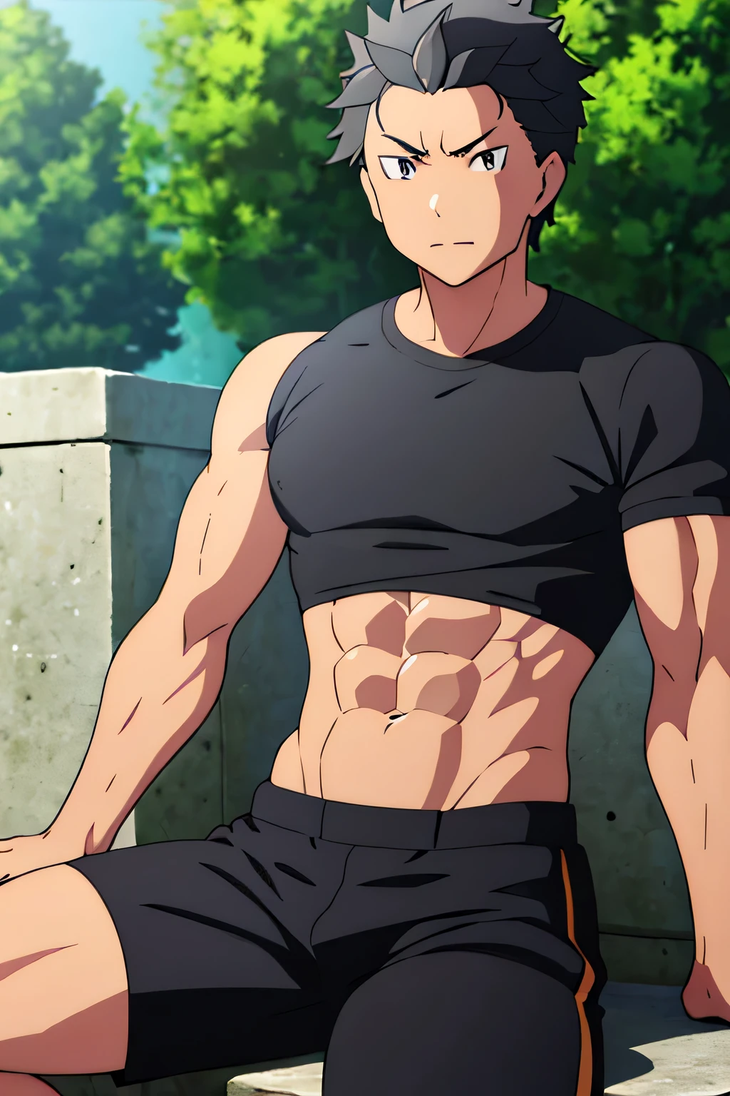 Subaru is sitting and flexing his biceps. He wears black shorts. You can see his thighs. He looks stoic and serious. He has bulging veins on his arms. He wears a black tshirt with short sleeves. His sleeve is completely rolled up so you can see his entire arm and shoulder. He is showing his abs too.