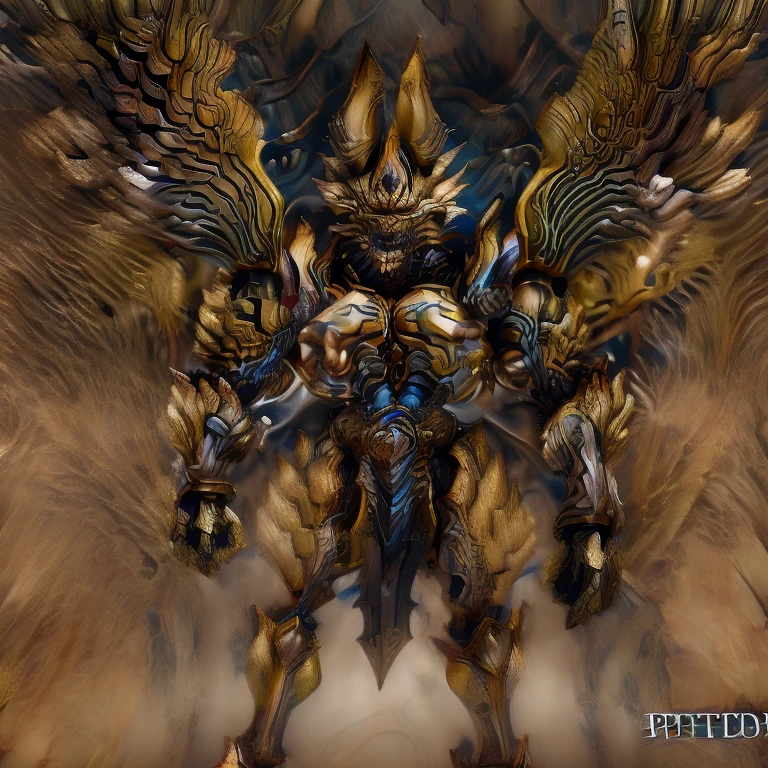 (Pokémon) (Zeraora), (masterpiece, best quality, detailed:1.2), (nj5furry), (medieval armor:1.3) sparkling skin, Vibrant colors, 4K, GOLD armor, Its full plate armor emphasizes the muscles. big muscle (pecs, triceps, traps) unusually developed muscular body, body full of huge muscles. showing off muscles, pectorales enormes. Exaggeratedly huge muscles. Gigachad Muscular, Very muscular, Large pecs, Spread wings, It has wings. have big wings. has 10 large wings. It has large golden wings. The feathers on its wings are detailed and realistic. FULL BODY, giant, huge body, long legs, gigantic, sitting on the throne,