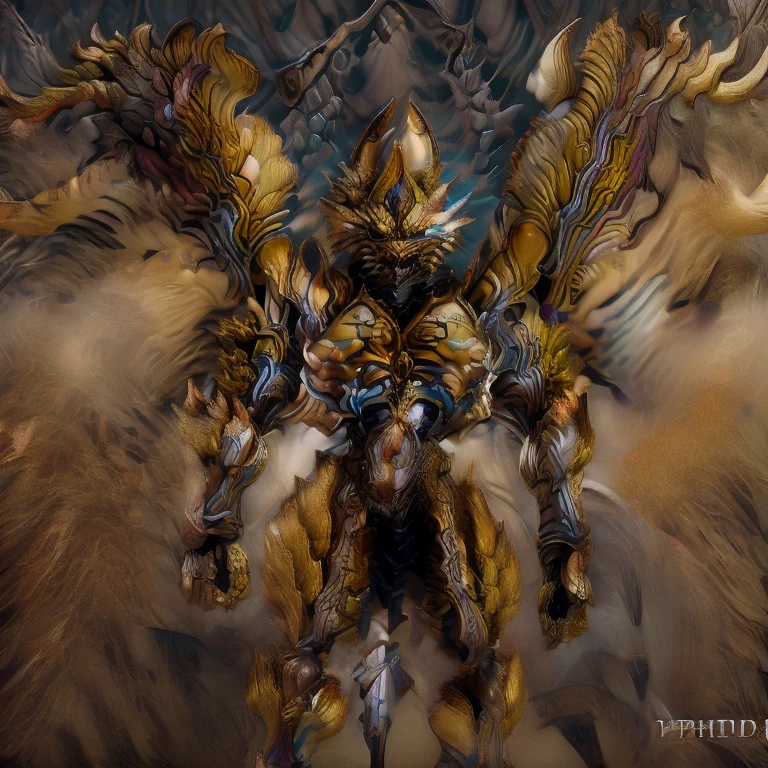 (Pokémon) (Zeraora), (masterpiece, best quality, detailed:1.2), (nj5furry), (medieval armor:1.3) sparkling skin, Vibrant colors, 4K, GOLD armor, Its full plate armor emphasizes the muscles. big muscle (pecs, triceps, traps) unusually developed muscular body, body full of huge muscles. showing off muscles, pectorales enormes. Exaggeratedly huge muscles. Gigachad Muscular, Very muscular, Large pecs, Spread wings, It has wings. have big wings. has 10 large wings. It has large golden wings. The feathers on its wings are detailed and realistic. FULL BODY, giant, huge body, long legs, gigantic, sitting on the throne,