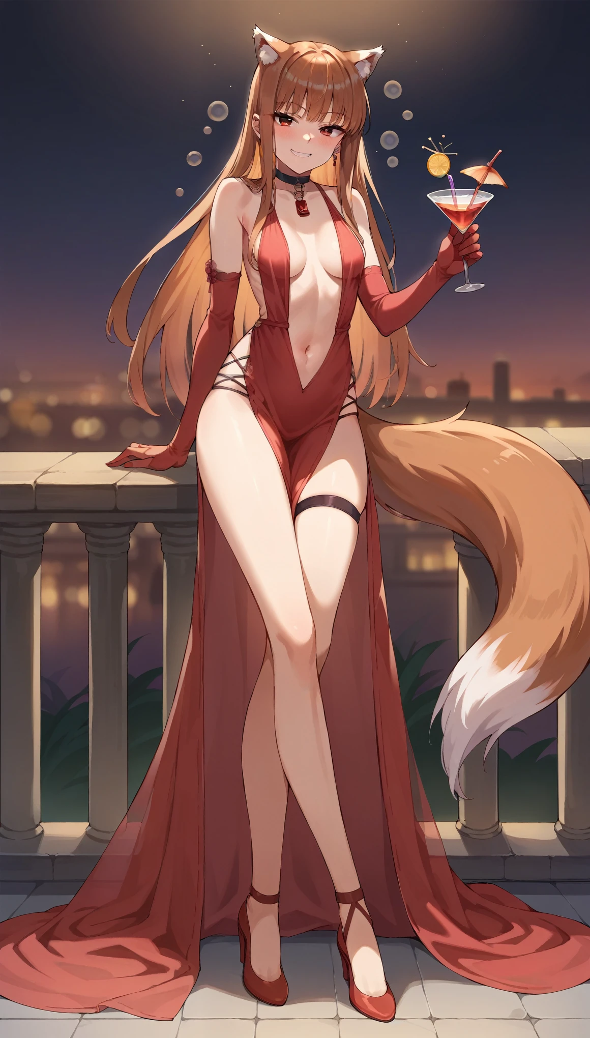 score_9, score_8_up, score_7_up, score_6_up, source anime,1girl,(holo),spice and wolf,solo,wolf girl,wolf ears,wolf tail,light, brown hair,small breasts,center opening,cleavage,navel,bare back,slim,slim legs,long hair,earings,looking at viewer,(smirk,drunk),(loose clothes),red evening gown,elbow gloves,sleeveless,backless,see-through,thigh strap,heels,choker,jewelry,indoor,(cocktail party),best quality,amazing quality,very aesthetic,absurdres