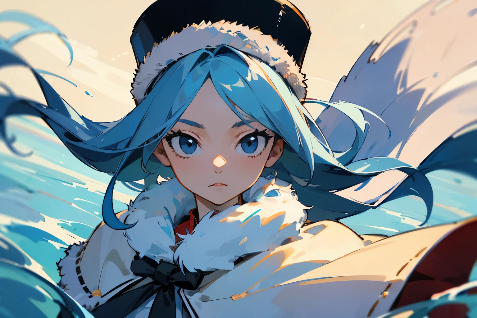 ((Better Quality)), ((Artwork)), (be familiar with), 完璧なface、face、masterpiece, highest quality, High resolution, Drifters, Long Hair, Blue hat, fur-trimmed hat, Capelet, She is water