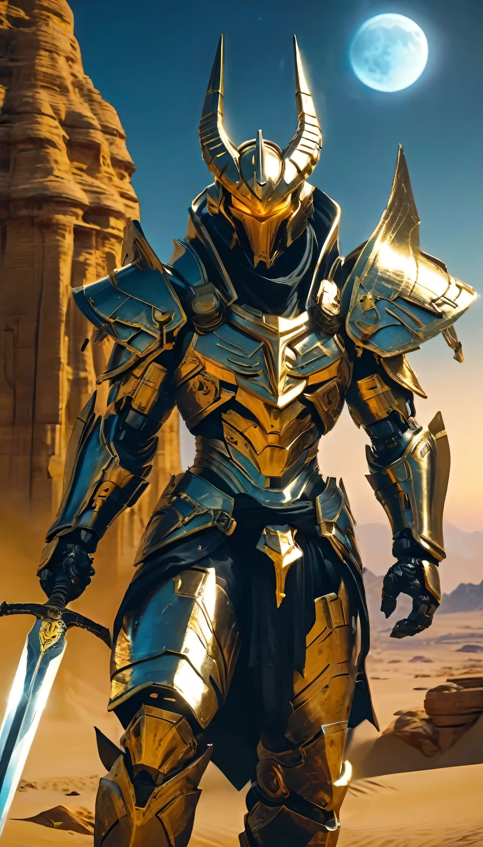 Anubis mecha, gleaming gold and deep black armor, wields a majestic kopesh sword, set against a backdrop of a moonlit desert skyline, exuding ancient mystique and intimidating presence.
