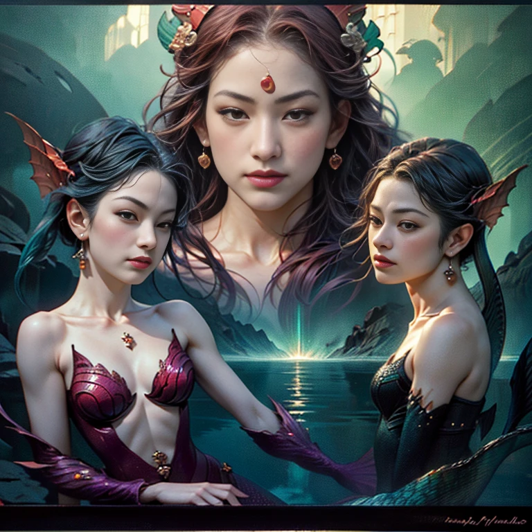 (Princess、A mermaid with the face of a beautiful woman and the body of a fish:1.9)、Waterfall climbing、(Ukiyo-e:1.9)、woodblock print、Another landscape、elegant、Intricate details、Bright colors、Dramatic lighting、Surreal atmosphere、aquatic environment、Fantasy creatures、Dynamic pose、(highest quality、8k、High resolution、masterpiece: 1.2)、Super detailed、(Real、Photorealistic、Photorealistic: 1.37)