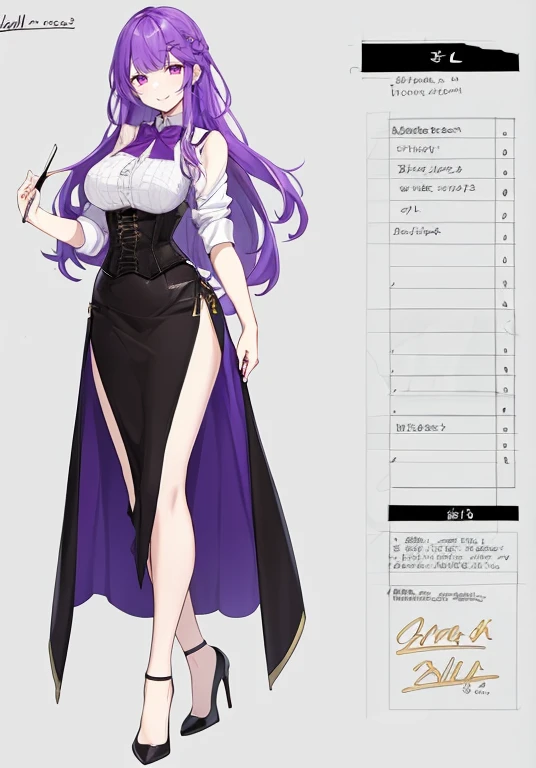 Purple Hair,voluminous semi-long hair,Adult female,((Roll up your sleeves)),(corset),(Tight Skirt),(High heels),Heels are visible,((Simple Background)),smile,((whole body)),((whole body)),Character Sheet,