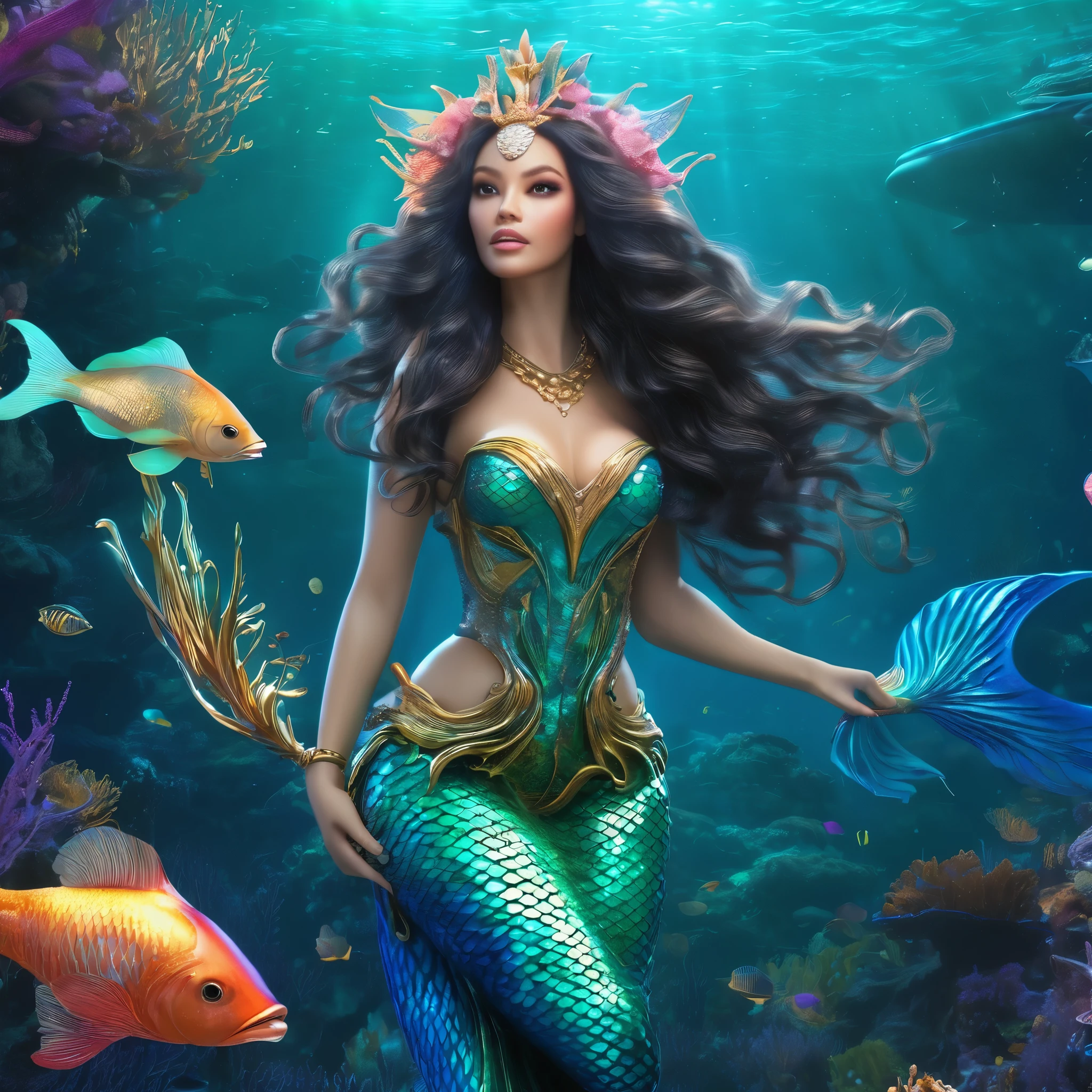 a high-tech mermaid spaceship, a crew of beautiful merpeople, coral and kelp accents, ultra-detailed, hyper realistic, 8k, photorealistic, dynamic lighting, dramatic lighting, cinematic, volumetric fog, glowing bioluminescent elements, intricate mechanical details, advanced holographic interfaces, seamless integration of organic and inorganic elements, ethereal and otherworldly atmosphere, vibrant colors, deep ocean tones, shimmering scales, graceful mermaid figures, flowing hair and fins, serene and awe-inspiring a beautiful mermaid princess, (malaysian, age 25, busty, broad hips, ornate hair, sea creature bikini, long colorful hair, big eyes, very fishlike below the waist) the princess is in a power position next to the captain of the ship
