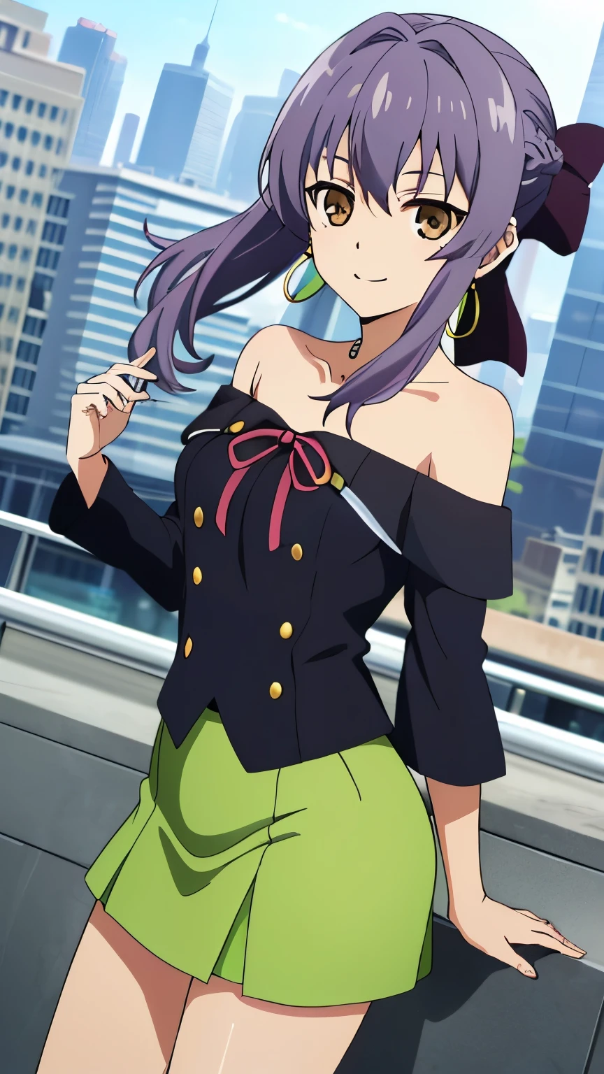 (masterpiece, best quality, high resolution, 8k),anime art style, Shinoa, 1 girl, dark brown eyes, medium breasts, smile, hair ribbon, (Lime green off-the-shoulder mini skirt, earrings, city), alone, standing,dynamic Angle cowboy shot,