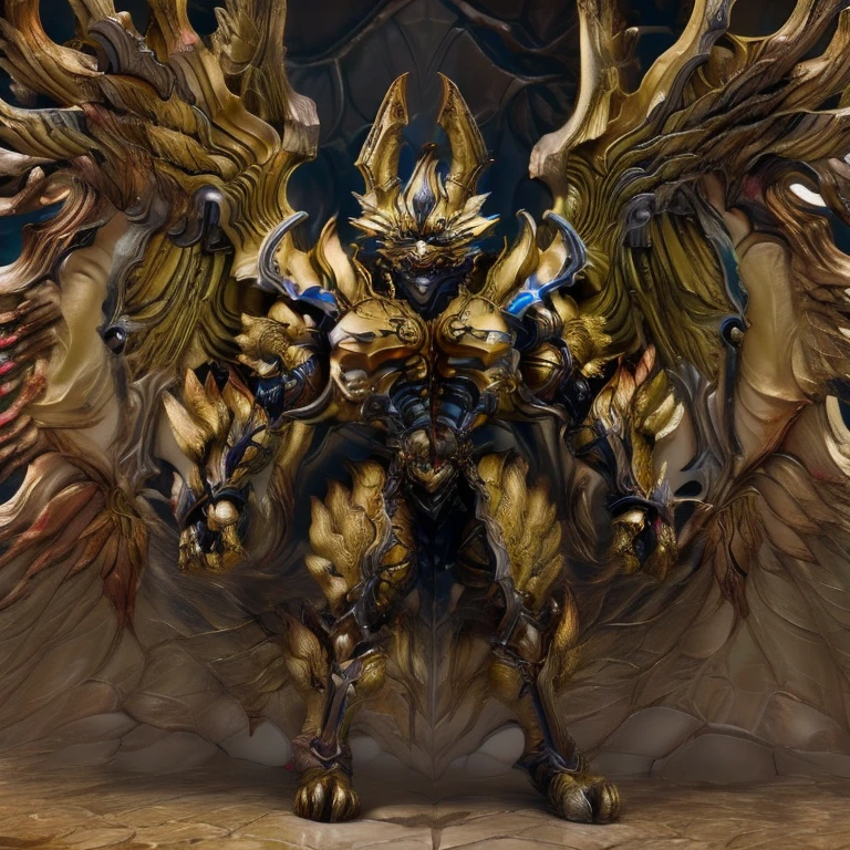(Pokémon) (Zeraora), (masterpiece, best quality, detailed:1.2), (nj5furry), (medieval armor:1.3) sparkling skin, Vibrant colors, 4K, GOLD armor, Its full plate armor emphasizes the muscles. big muscle (pecs, triceps, traps) unusually developed muscular body, body full of huge muscles. showing off muscles, pectorales enormes. Exaggeratedly huge muscles. Gigachad Muscular, Very muscular, Large pecs, Spread wings, It has wings. have big wings. has 10 large wings. It has large golden wings. The feathers on its wings are detailed and realistic. FULL BODY, giant, huge body, long legs, gigantic, sitting on the throne,