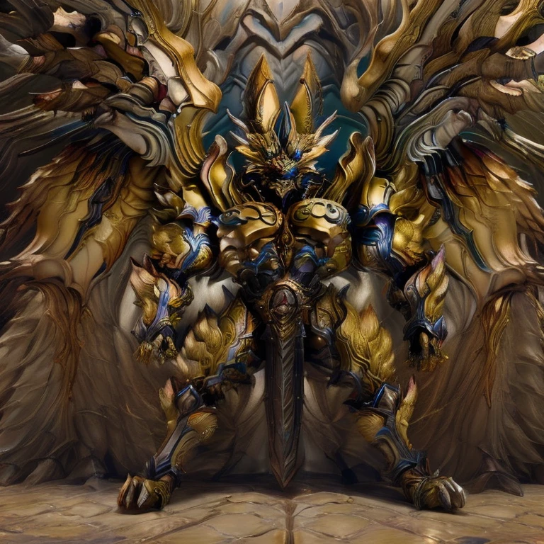 (Pokémon) (Zeraora), (masterpiece, best quality, detailed:1.2), (nj5furry), (medieval armor:1.3) sparkling skin, Vibrant colors, 4K, GOLD armor, Its full plate armor emphasizes the muscles. big muscle (pecs, triceps, traps) unusually developed muscular body, body full of huge muscles. showing off muscles, pectorales enormes. Exaggeratedly huge muscles. Gigachad Muscular, Very muscular, Large pecs, Spread wings, It has wings. have big wings. has 10 large wings. It has large golden wings. The feathers on its wings are detailed and realistic. FULL BODY, giant, huge body, long legs, gigantic, sitting on the throne,