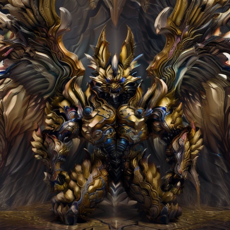 (Pokémon) (Zeraora), (masterpiece, best quality, detailed:1.2), (nj5furry), (medieval armor:1.3) sparkling skin, Vibrant colors, 4K, GOLD armor, Its full plate armor emphasizes the muscles. big muscle (pecs, triceps, traps) unusually developed muscular body, body full of huge muscles. showing off muscles, pectorales enormes. Exaggeratedly huge muscles. Gigachad Muscular, Very muscular, Large pecs, Spread wings, It has wings. have big wings. has 10 large wings. It has large golden wings. The feathers on its wings are detailed and realistic. FULL BODY, giant, huge body, long legs, gigantic, sitting on the throne,