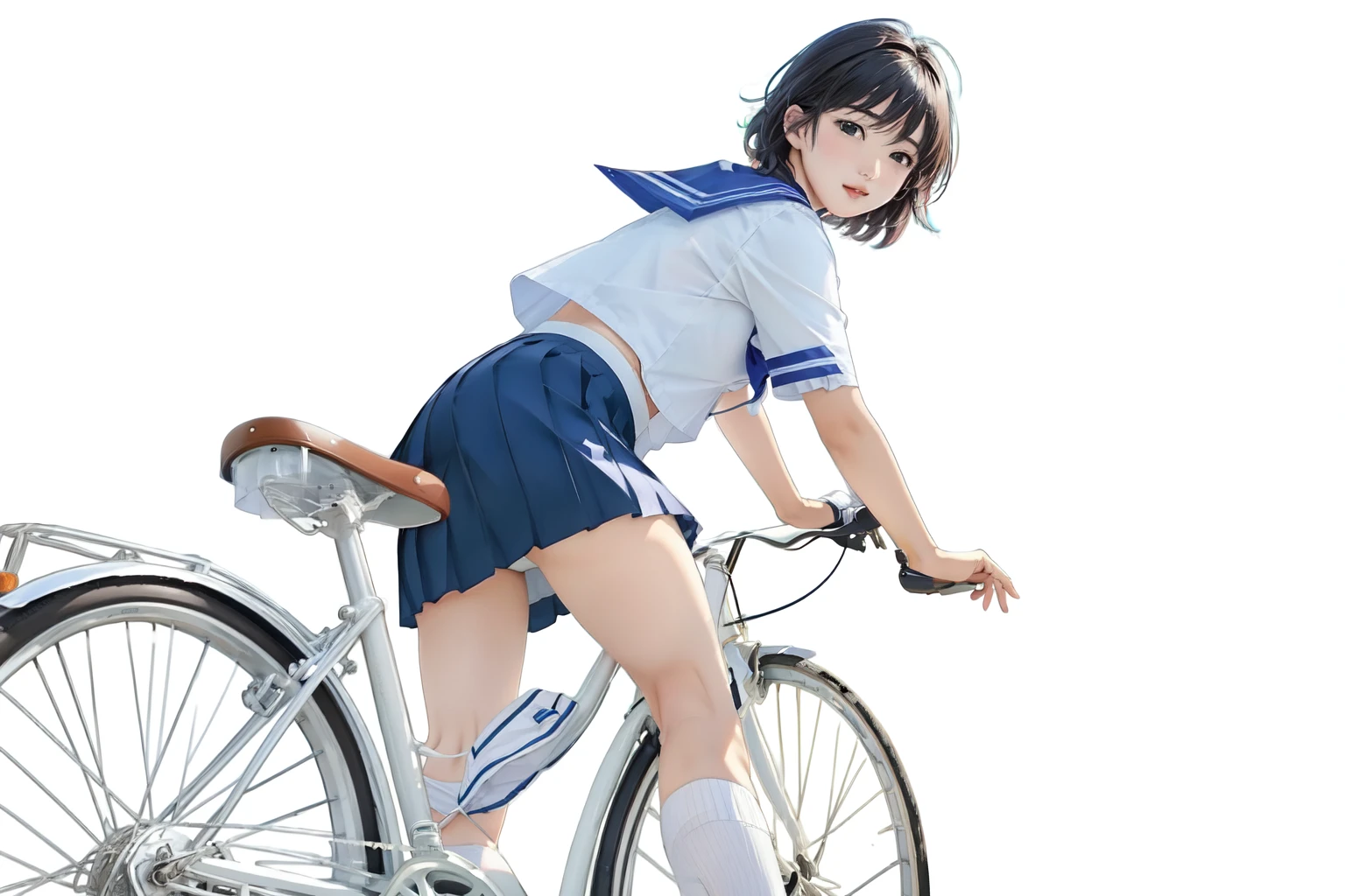 (masterpiece, highest quality:1.2), Reality、4K Anime Art、High  girl riding a bicycle, 一人in、whole body、Short Hair、White Sailor Suit，Long pleated skirt、From the side、Lomography, [ (Stylized by Ross Drowze:1.1) , J.Meters.in. Turner:9]