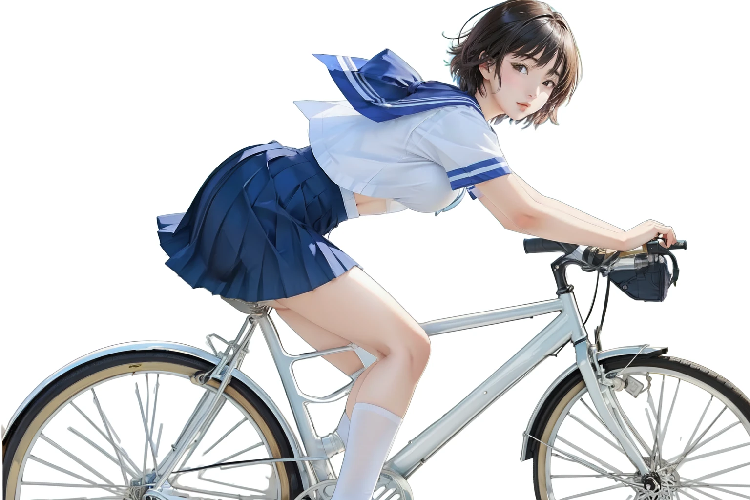 (masterpiece, highest quality:1.2), Reality、4K Anime Art、High school girl riding a bicycle, alone、whole body、Short Hair、White Sailor Suit，Long pleated skirt、From the side、