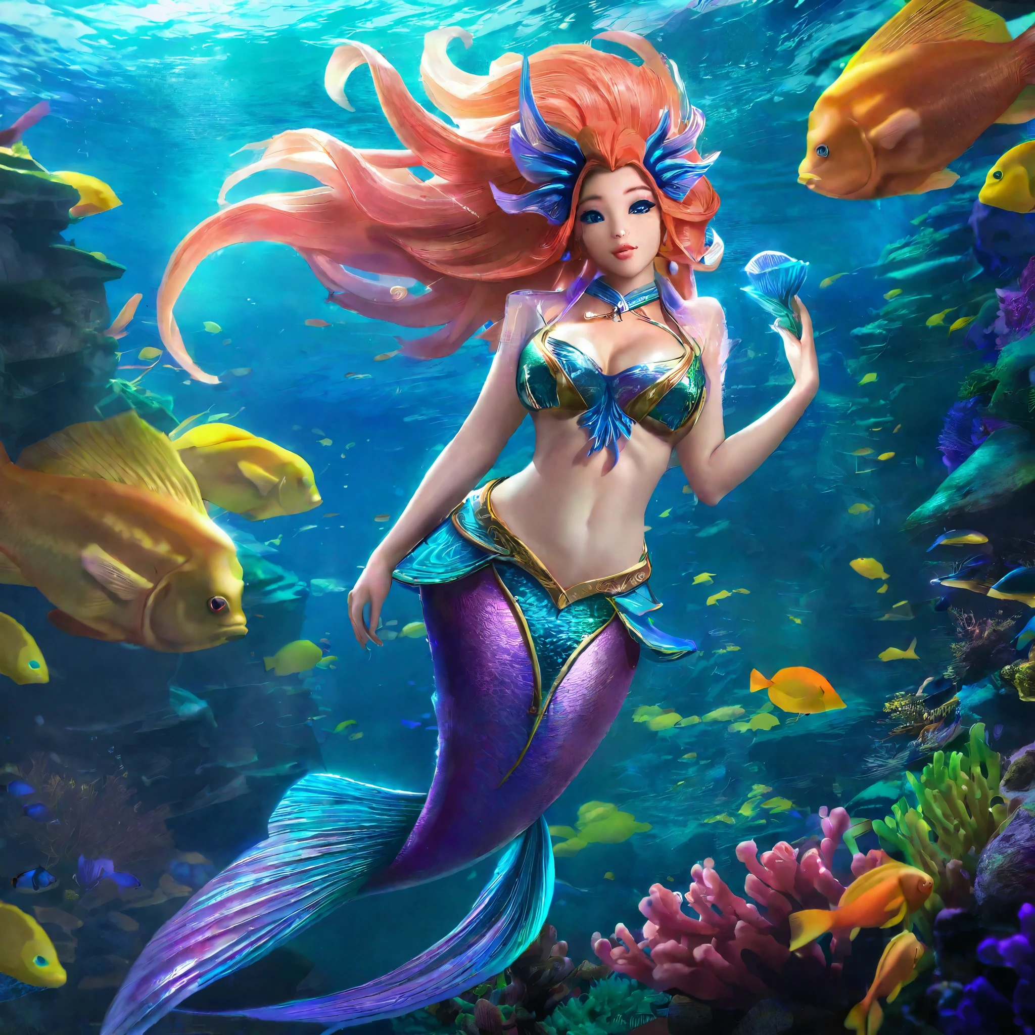 a beautiful mermaid princess, (malaysian, age 25, busty, broad hips, ornate hair, sea creature bikini, long colorful hair, big eyes, very fishlike below the waist), coral reef, sea creatures paying homage, (best quality,4k,8k,highres,masterpiece:1.2),ultra-detailed,(realistic,photorealistic,photo-realistic:1.37),highly detailed, intricate, vibrant colors, glowing bioluminescent lighting, underwater fantasy, cinematic lighting, dramatic composition