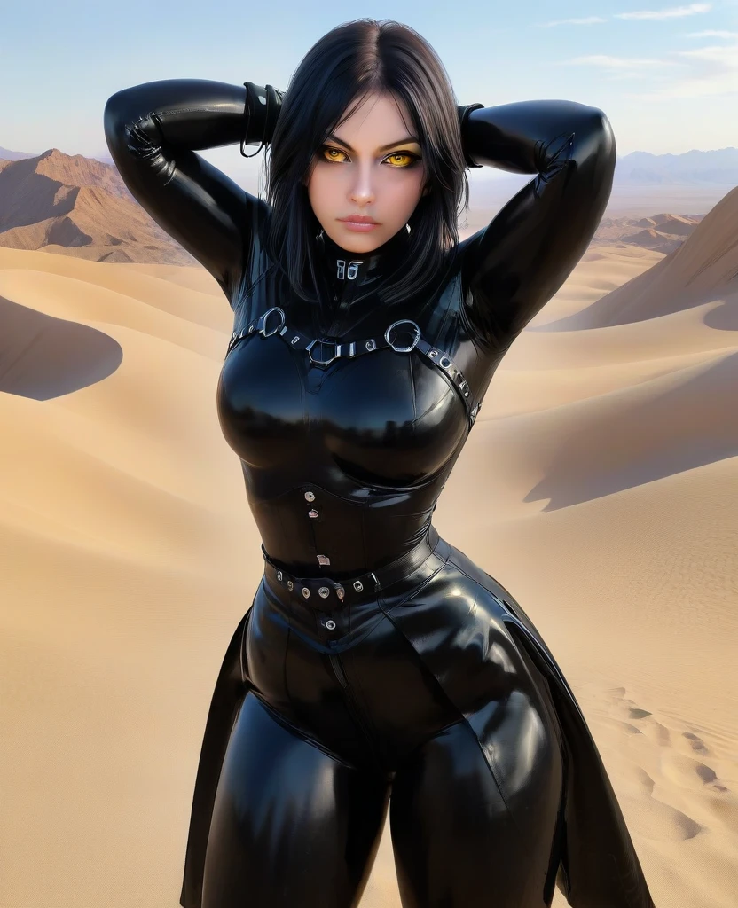 score_9,score_8_up,score_7_up,score_6_up,source_anime, 2d, Trilla,black hair, yellow eyes, black bodysuit, armor, cape, gloves, black pants, looking at viewer, serious, medium shot, standing, hands on hips, outside, desert, sunny,