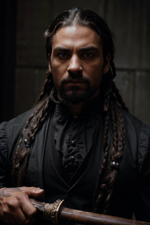 a gothic black man, victorian era gothic villain, highly detailed face, extremely detailed eyes and face, dreadlock hairstyle, wearing black clothes with purple details, victorian style clothes, holding an axe, ready to fight, dark moody atmosphere, dramatic lighting, chiaroscuro lighting, cinematic composition, (best quality,4k,8k,highres,masterpiece:1.2),ultra-detailed,(realistic,photorealistic,photo-realistic:1.37),vivid colors,dramatic lighting,dark and moody, male, long bearded man, muscle