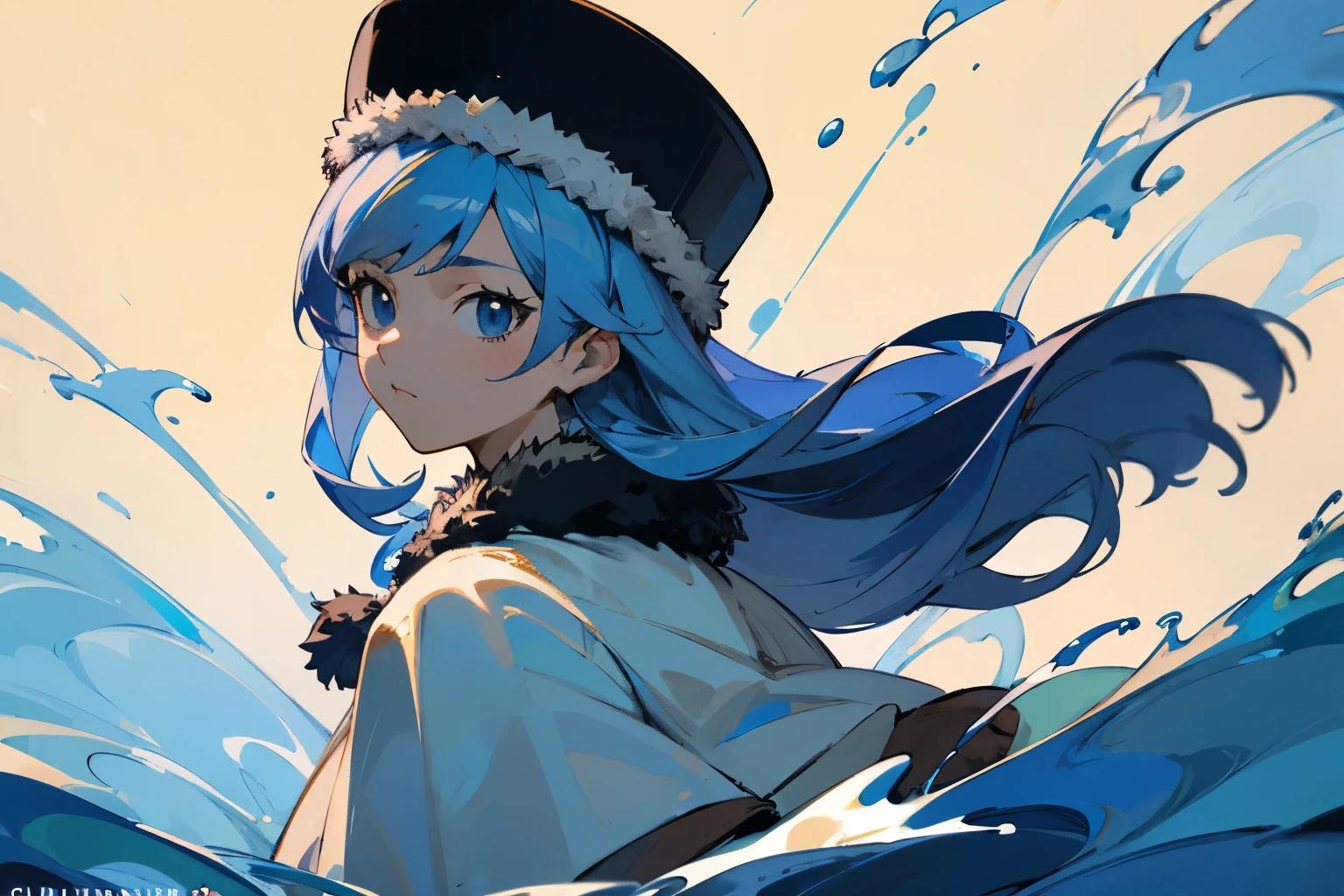 ((Better Quality)), ((Artwork)), (be familiar with), Facing forward、完璧なface、face、masterpiece, highest quality, High resolution, Drifters, Long Hair, Blue hat, fur-trimmed hat, Capelet, She is water